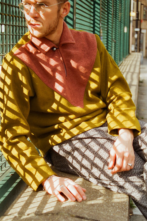 Khaki and terracotta pink chevron textured pullover