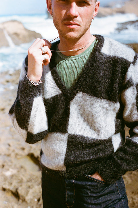 Black and white deep v-neck mohair sweater