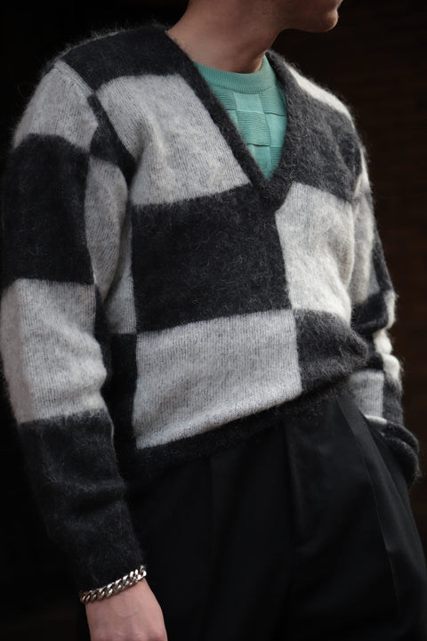 Black and white deep v-neck mohair sweater (SIZING SAMPLE)