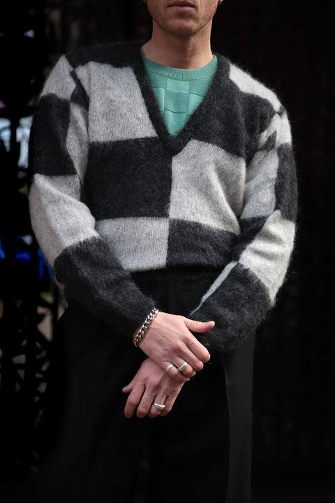 Black and white deep v-neck mohair sweater (SIZING SAMPLE)
