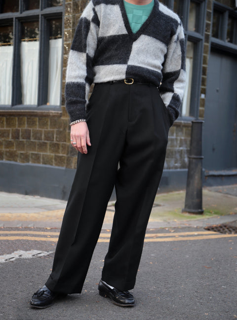 Black and white deep v-neck mohair sweater