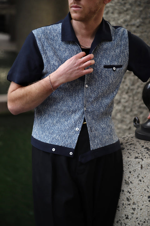 Navy & blue textured panel shirt