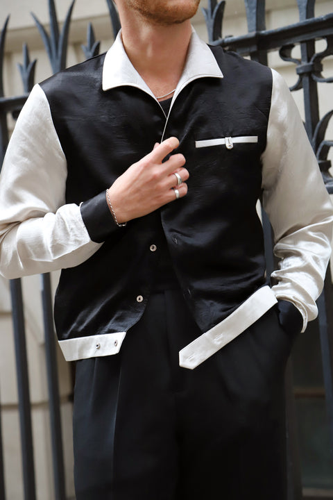 Black and pearl white crushed satin Jac shirt