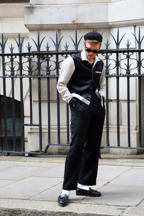 Black and pearl white crushed satin Jac shirt
