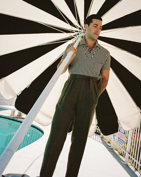 Black and ivory textured stripe beach polo