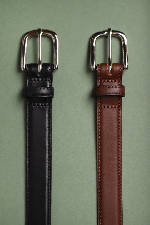 Brown leather slim horse shoe buckle belt