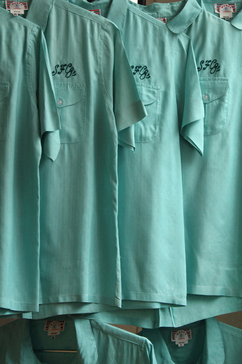 Teal SFC chain-stitched rayon bowling shirt (Vintage)