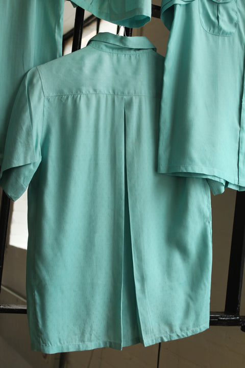 Teal SFC chain-stitched rayon bowling shirt (Vintage)