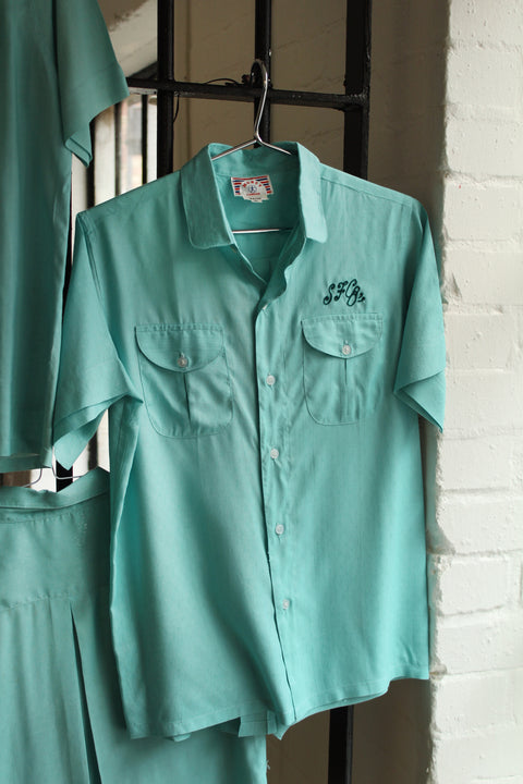 Teal SFC chain-stitched rayon bowling shirt (Vintage)