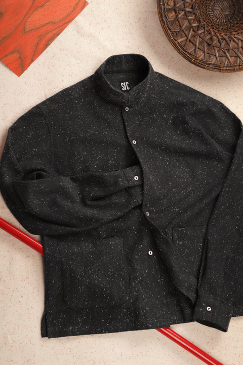 Black flecked flannel stand collar shirt