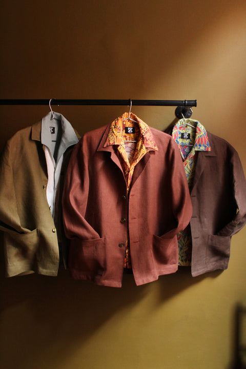 FABRIC OPTIONS (LEFT TO RIGHT) - KHAKI IRISH LINEN, PLUM BROWN HOPSACK LINEN, CHOCOLATE BROWN IRISH LINEN