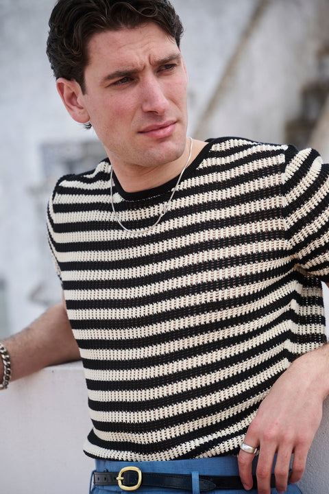 Black and ivory net knit top