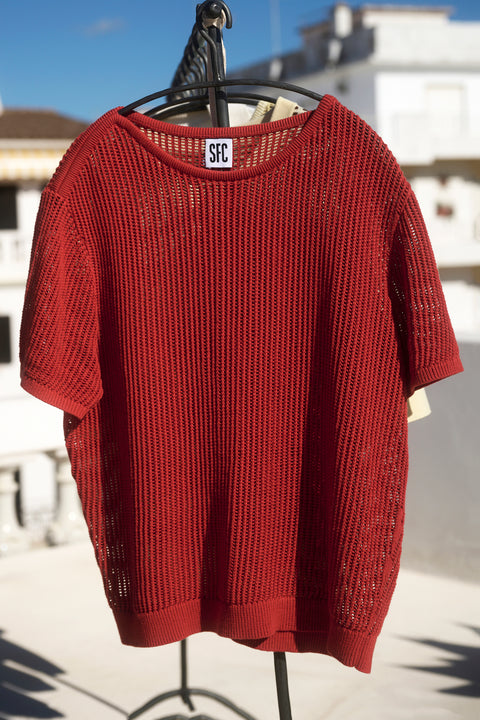 Neopolitan red net knit top