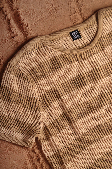 Cream striped net knit top