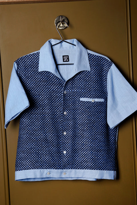 Light blue checked textured panel shirt