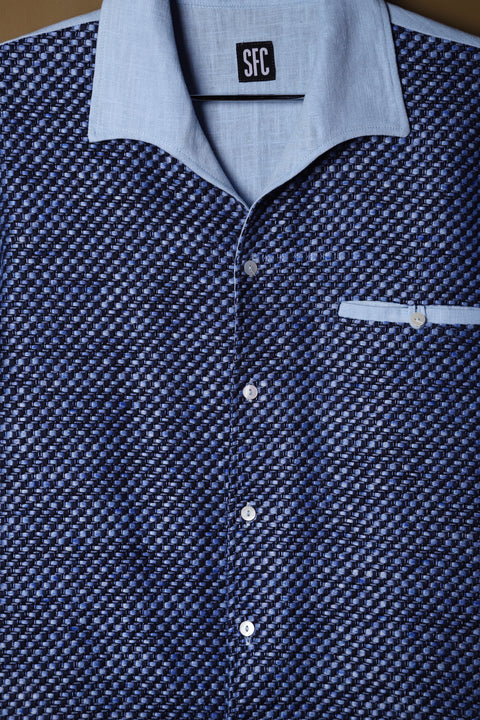 Light blue checked textured panel shirt