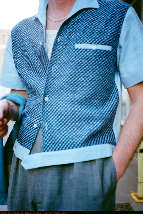 Light blue checked textured panel shirt