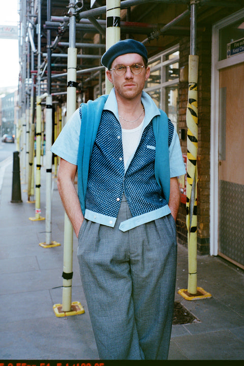 Light blue checked textured panel shirt