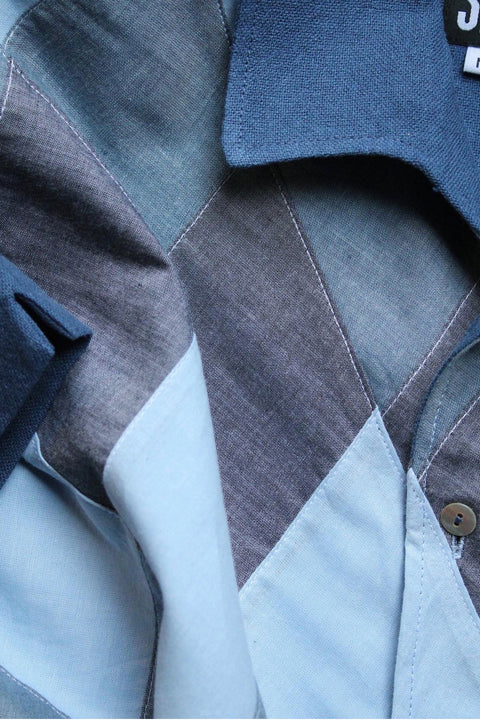 Blue toned diamond patchwork panel shirt