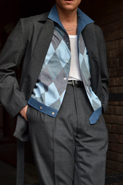 Blue toned diamond patchwork panel shirt