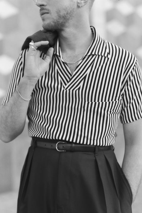 Black and ivory textured stripe beach polo