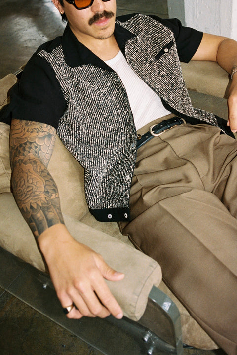 Black & white textured stripe panel shirt