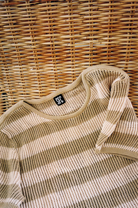 Cream striped net knit top