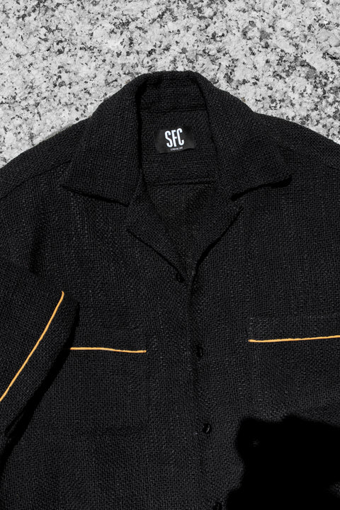 Coal black slub woven pocket shirt