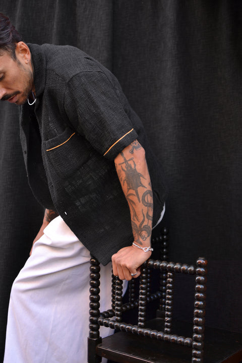 Coal black slub woven pocket shirt