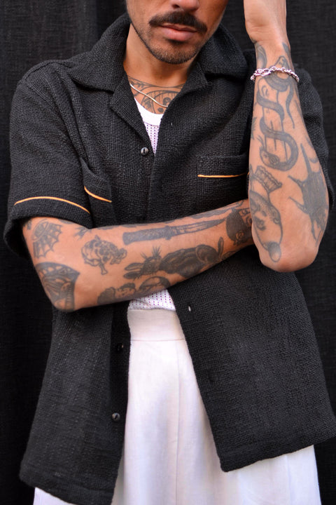 Coal black slub woven pocket shirt