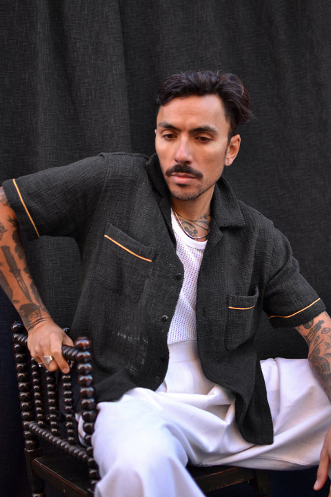 Coal black slub woven pocket shirt