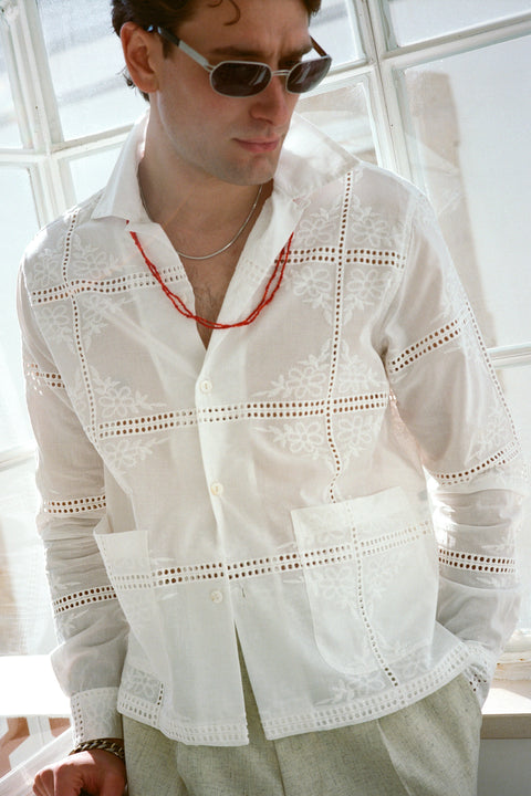 White embroidered pocket shirt