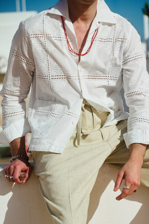 White embroidered pocket shirt