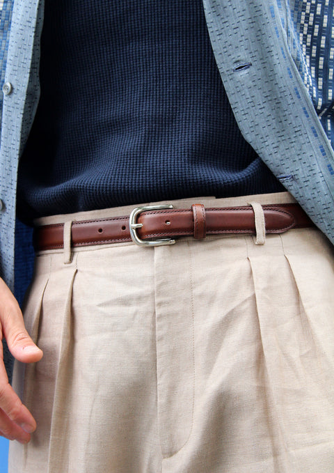 Brown leather slim horse shoe buckle belt