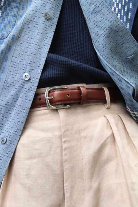 Brown leather slim horse shoe buckle belt