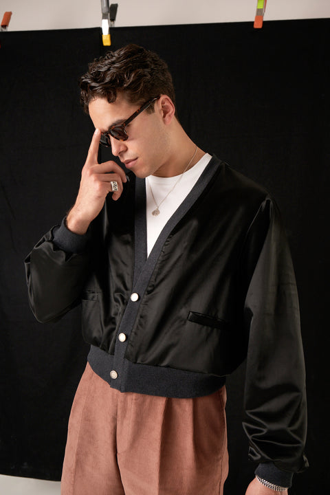 Black matte satin blouson jacket