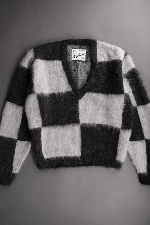 Black and white deep v-neck mohair sweater