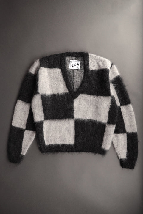 Black and white deep v-neck mohair sweater