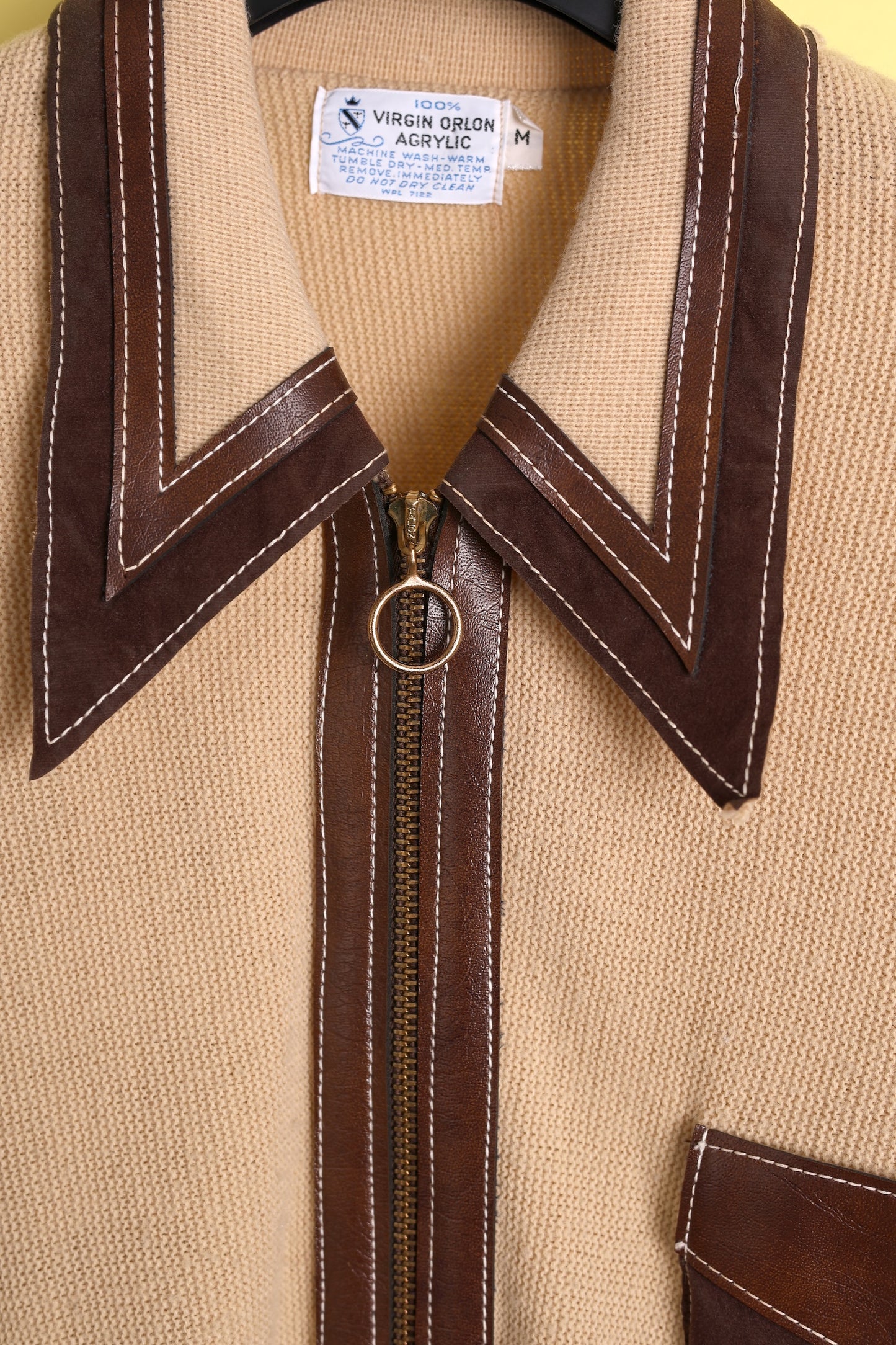 70s Leather-trimmed Knit Zip-Up Shirt