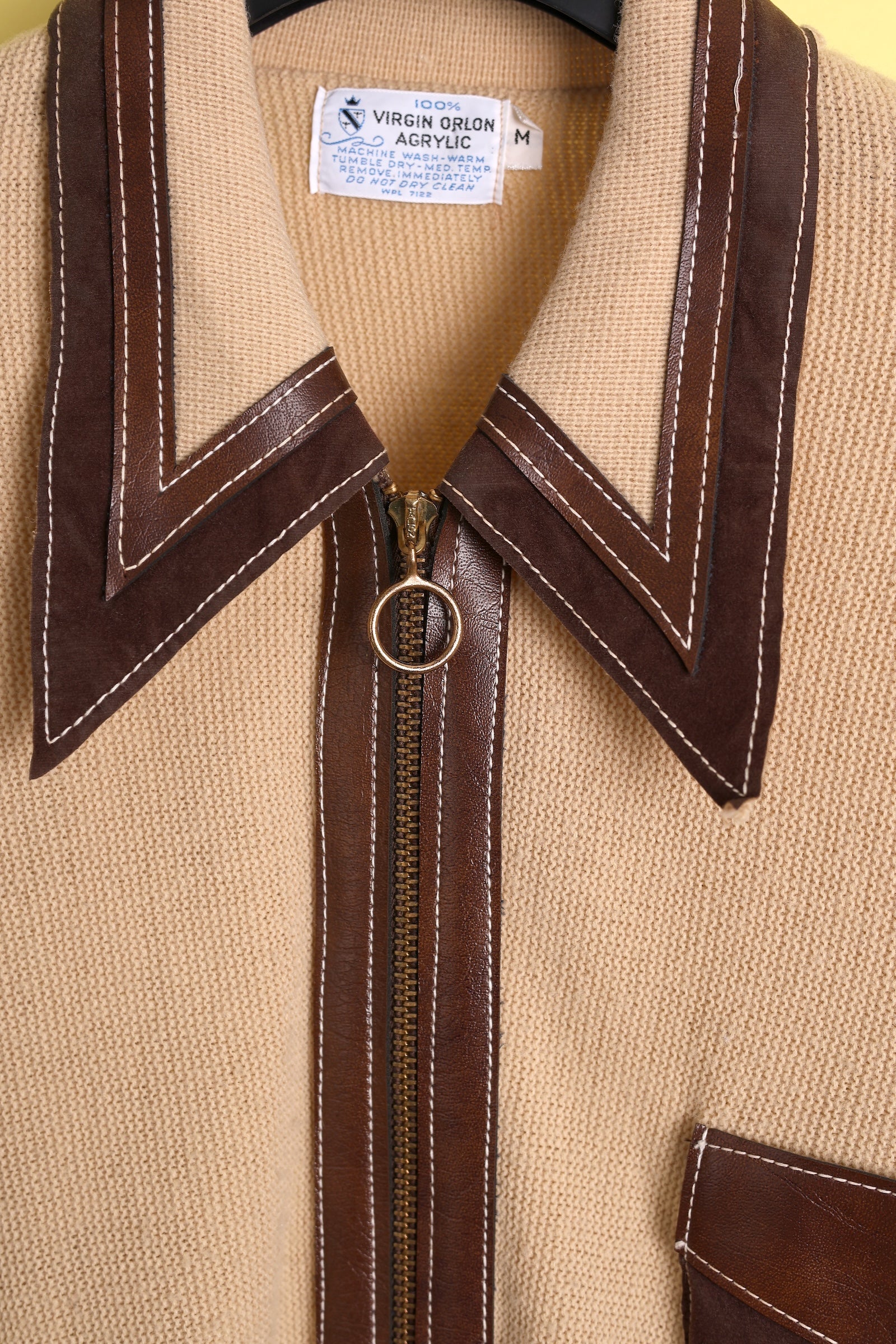 70s Leather-trimmed Knit Zip-Up Shirt
