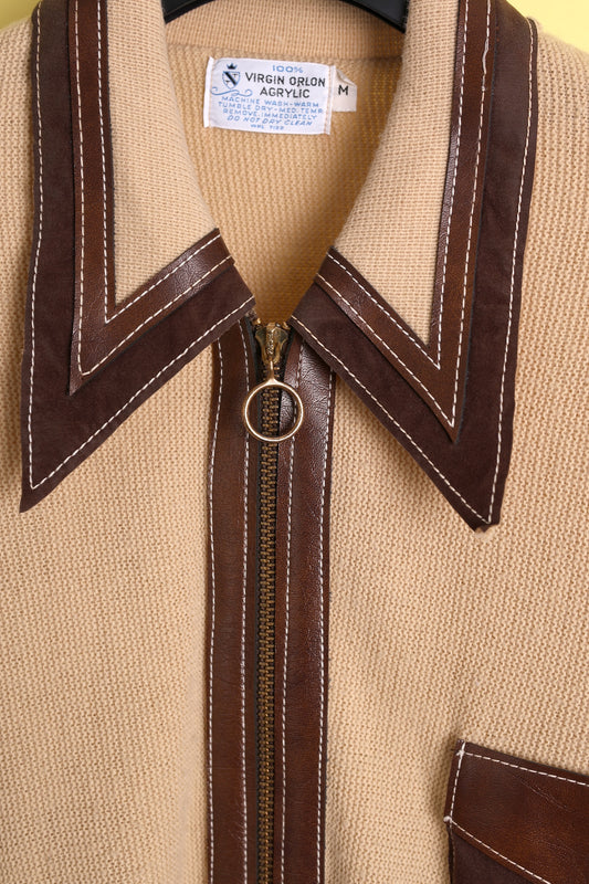 70s Leather-trimmed Knit Zip-Up Shirt