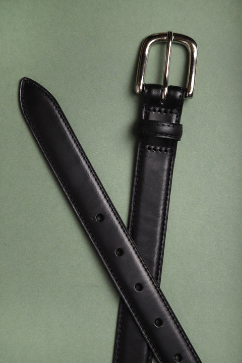 Black leather slim horse shoe buckle belt