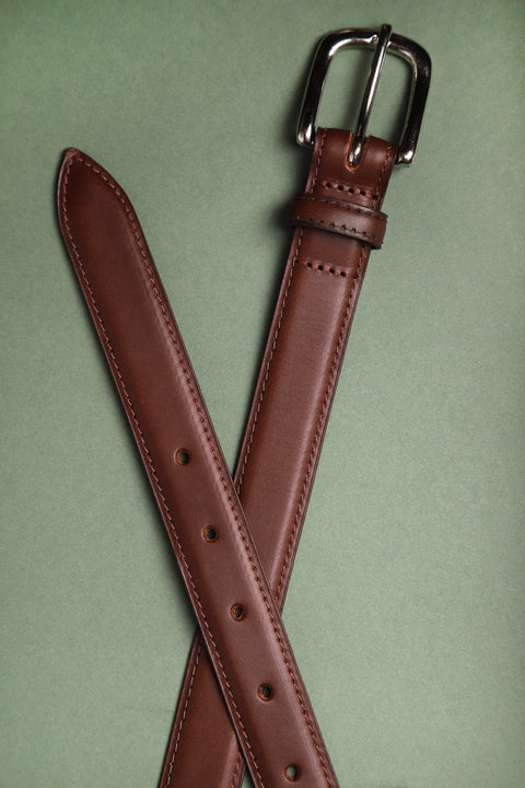 Brown leather slim horse shoe buckle belt