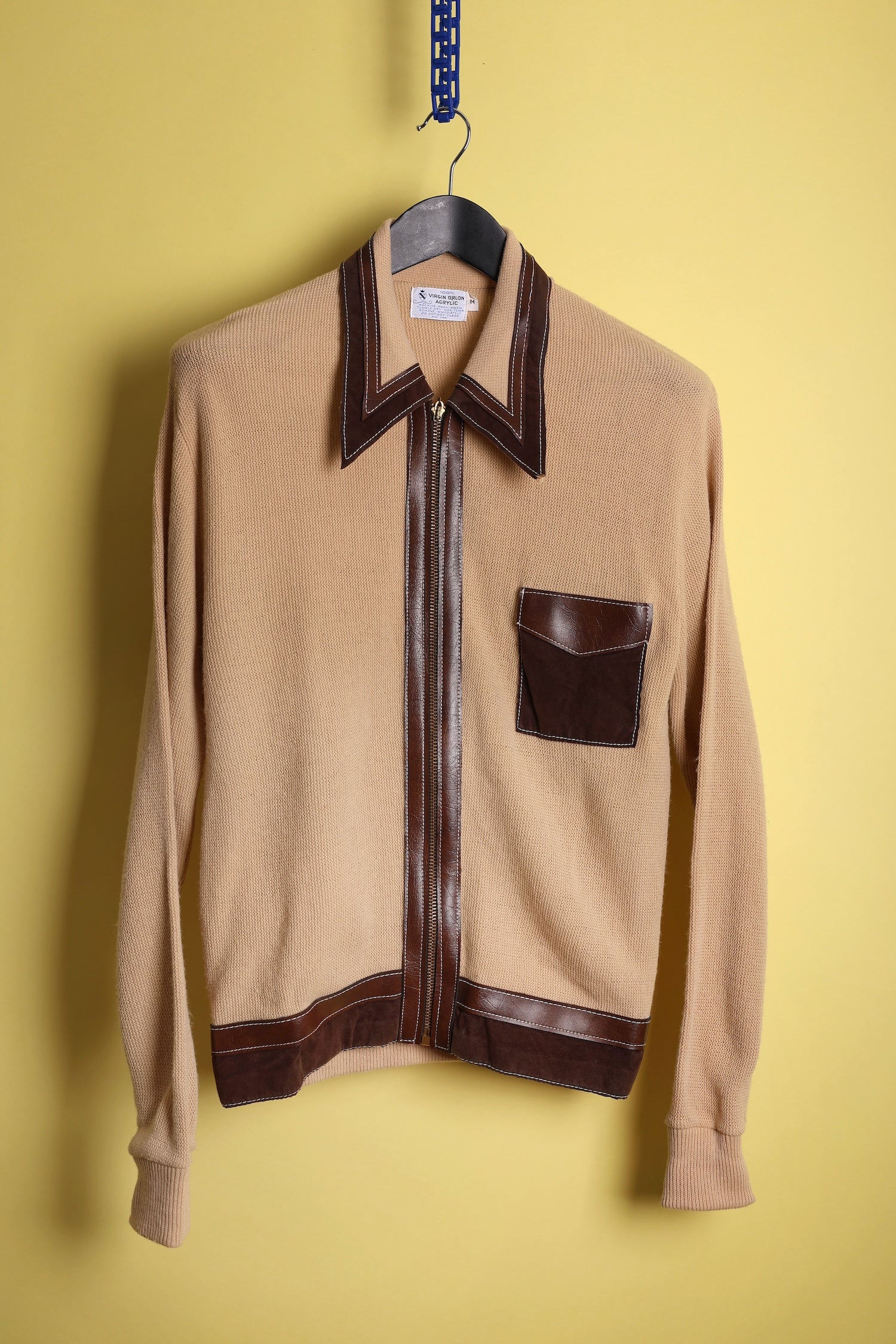 70s Leather-trimmed Knit Zip-Up Shirt