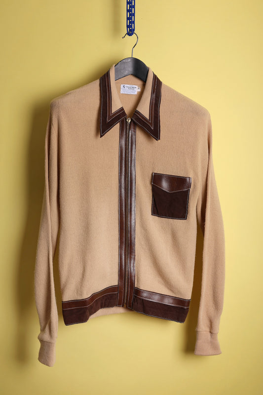 70s Leather-trimmed Knit Zip-Up Shirt
