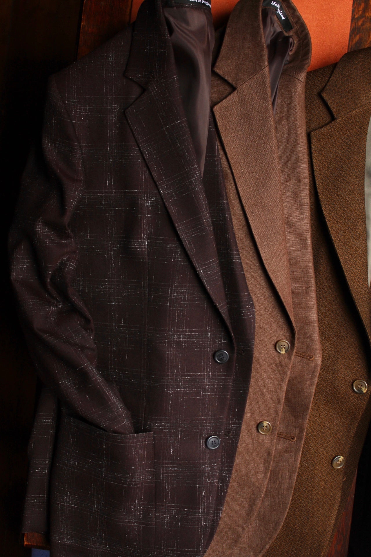 FABRIC OPTIONS - BROWN CROSS HATCH DRAPED WOOL,  PLUM BROWN HOPSACK LINEN