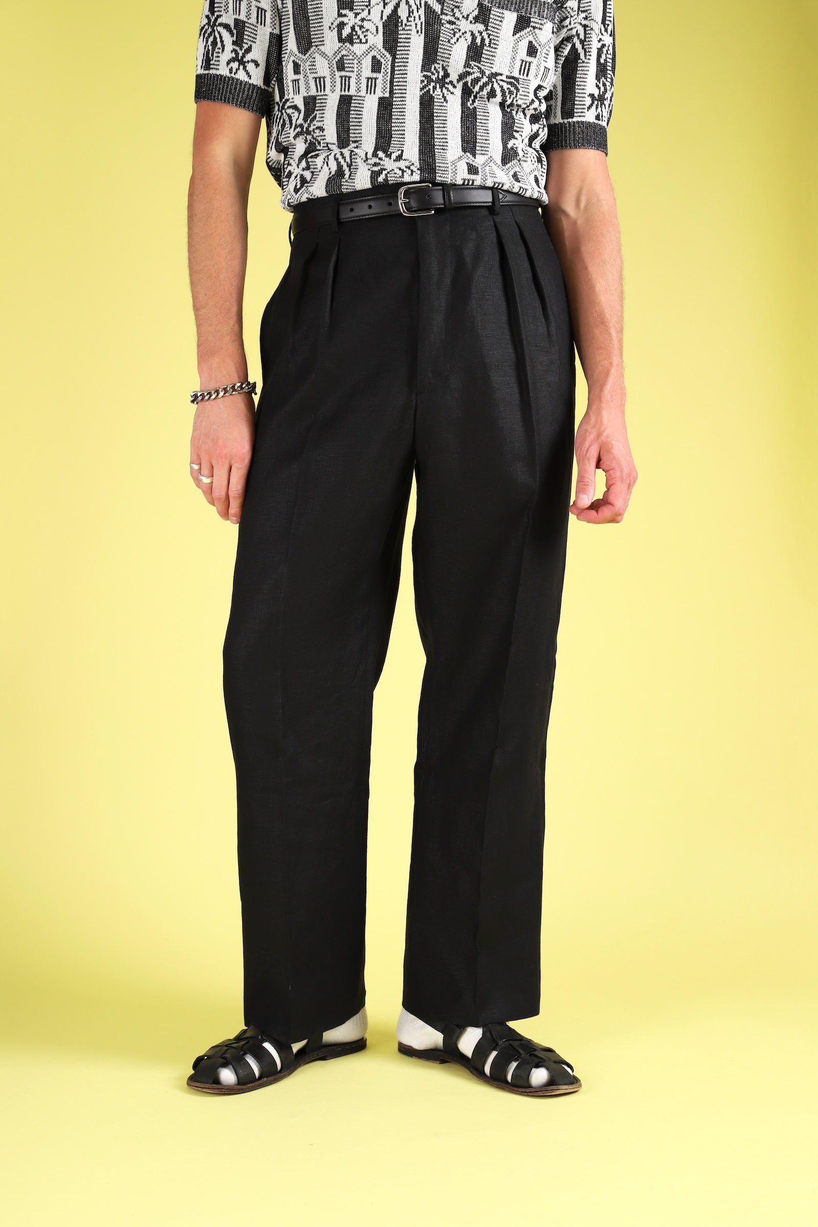 Black linen classic wide-leg trousers
