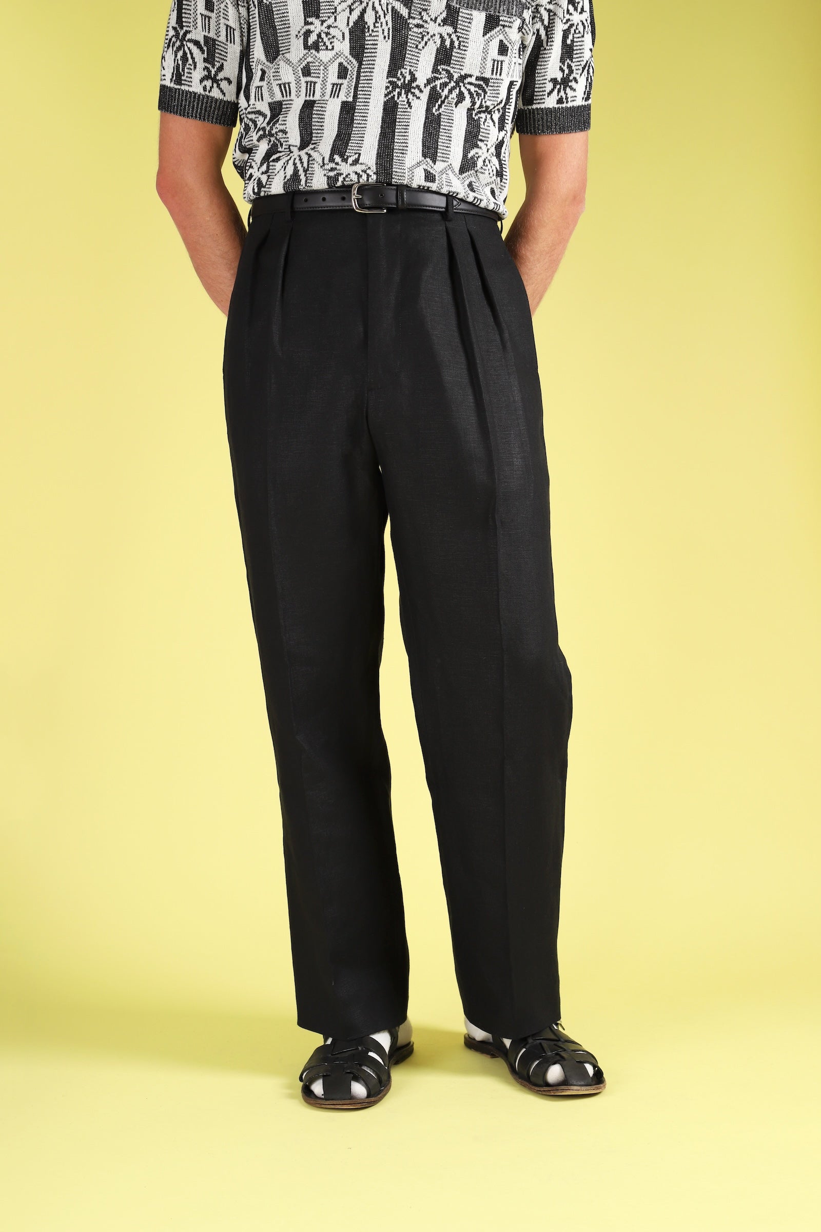 Black linen classic wide-leg trousers