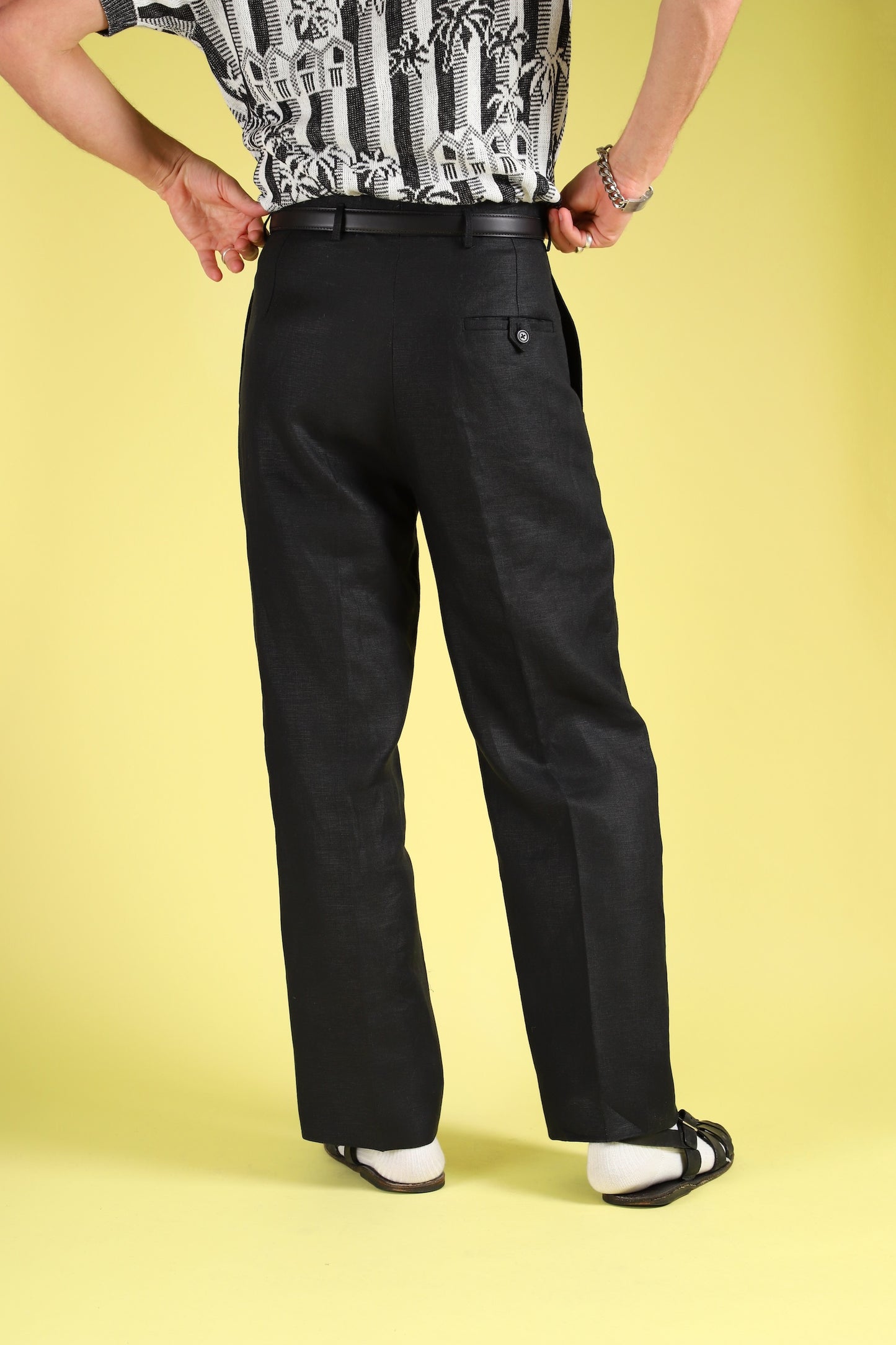 Black linen classic wide-leg trousers