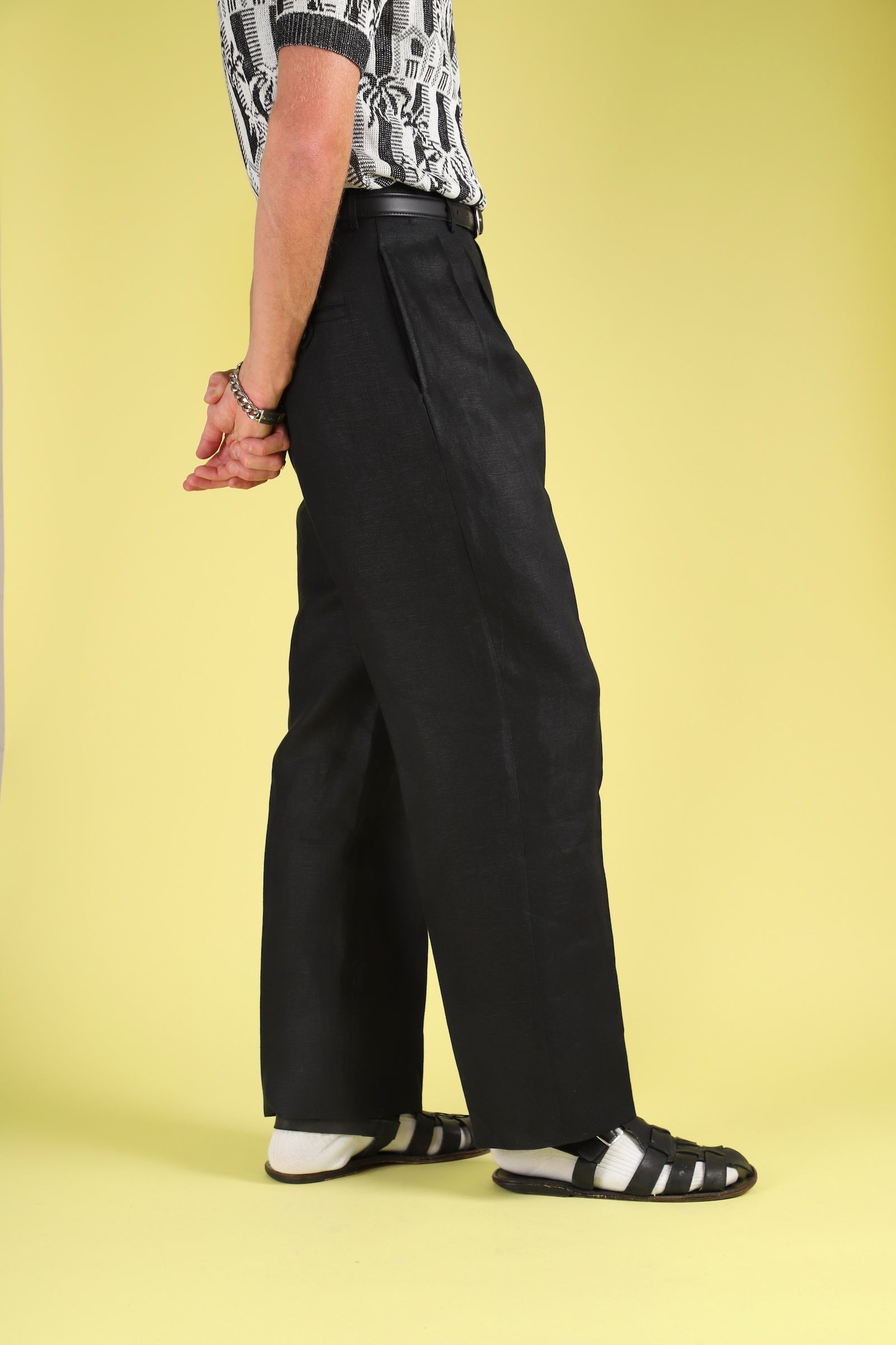 Black linen classic wide-leg trousers